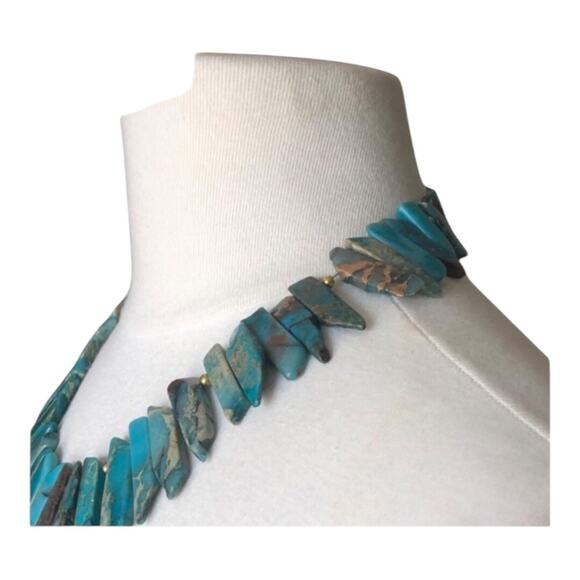 Handmade Natural Blue Ocean Stone Side Drilled Slab Beads Gold Beads Necklace - Picture 5 of 11